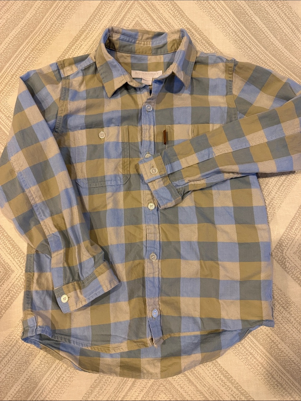 Burberry Boys 6Y Light Blue & Tan Button Down Shirt | Designer Kids S